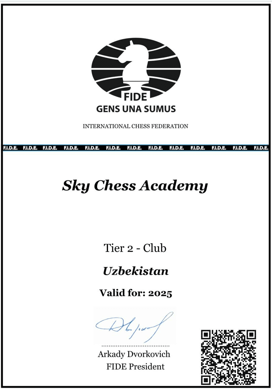 FIDE sertifikati - SkyChess Akademiyasi Tier 2 Klub O'zbekiston