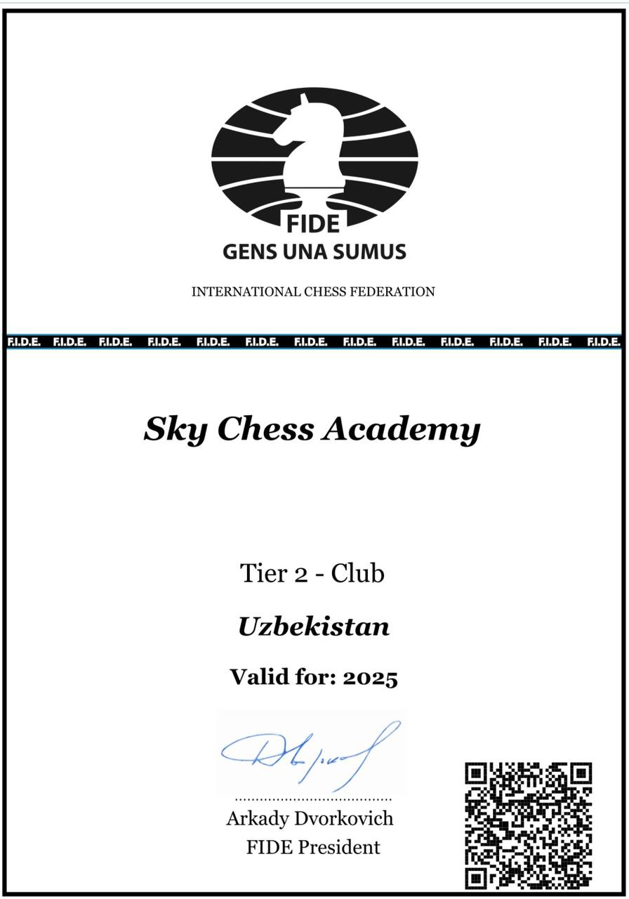 FIDE sertifikati - SkyChess Akademiyasi Tier 2 Klub O'zbekiston